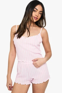 Stripes|Sleepwear^Nasty Gal Stripe Rib Lettuce Hem Cami Top & Shorts Pyjama Set |