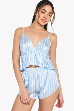 Stripes|Sleepwear^Nasty Gal Stripe Satin Cami Top & Shorts Pyjama Set |