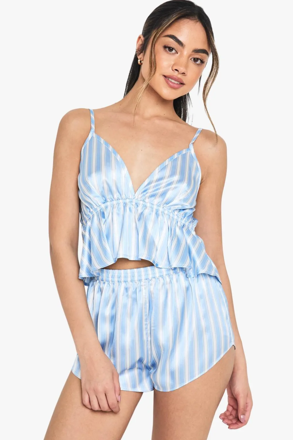 Stripes|Sleepwear^Nasty Gal Stripe Satin Cami Top & Shorts Pyjama Set |