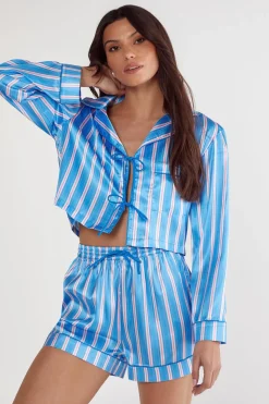 Stripes|Sleepwear^Nasty Gal Stripe Satin Contrast Pipping Tie Front Shirt And Pajama Shorts Set |