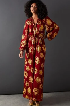 Jumpsuits|Jumpsuits^Nasty Gal Sun Metallic Jacquard Tie Neck Jumpsuit |