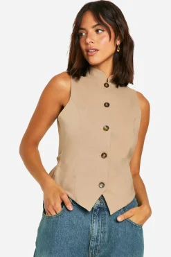 Tops^Nasty Gal Super Stretch Mock Horn Button Fitted High Neck Waistcoat |