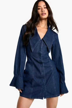 Dresses^Nasty Gal Tall Collar Detail Denim Shift Dress |