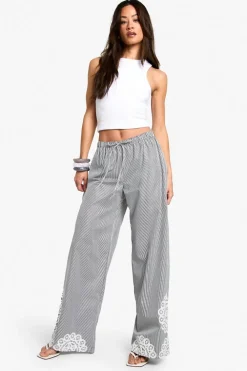 Stripes|Pants^Nasty Gal Tall Pinstripe Floral Embroidery Hem Trouser |