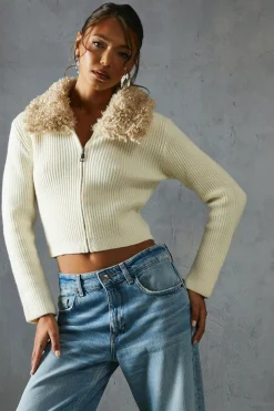 Knitwear^Nasty Gal Teddy Fur Collar Long Sleeve Zip Up Jumper |