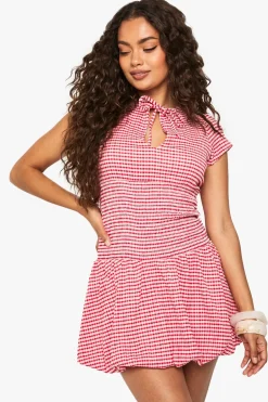 Dresses^Nasty Gal Textured Gingham Shirred Waist Keyhole Mini Dress |