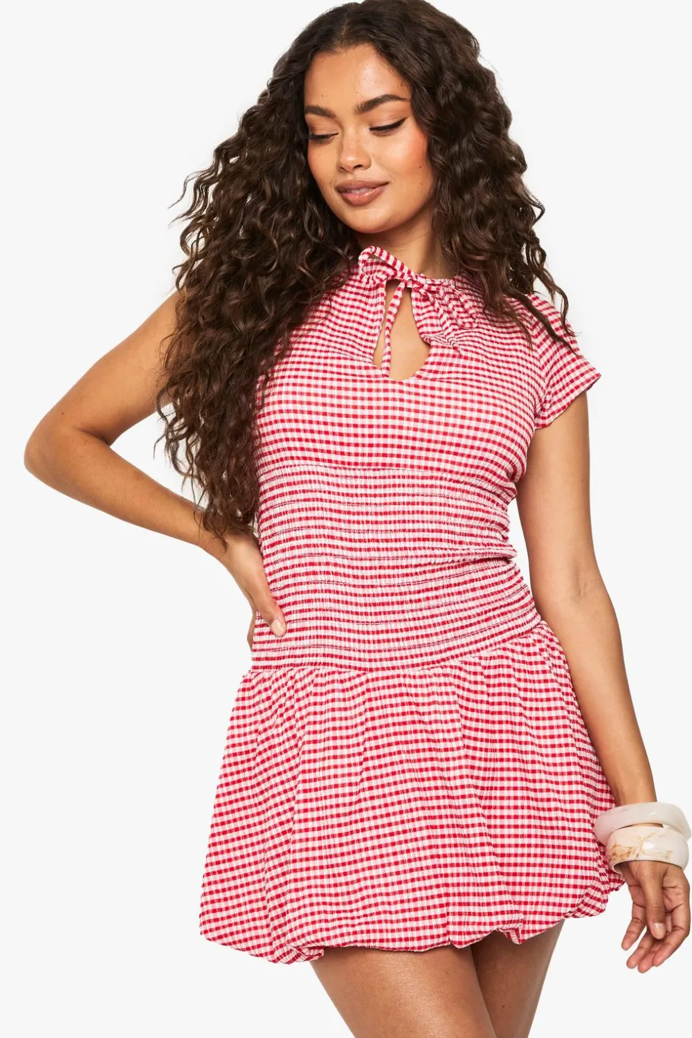 Dresses^Nasty Gal Textured Gingham Shirred Waist Keyhole Mini Dress |
