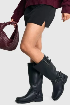 Leather^Nasty Gal Textured Leather Look Biker Buckle Detail Boots |