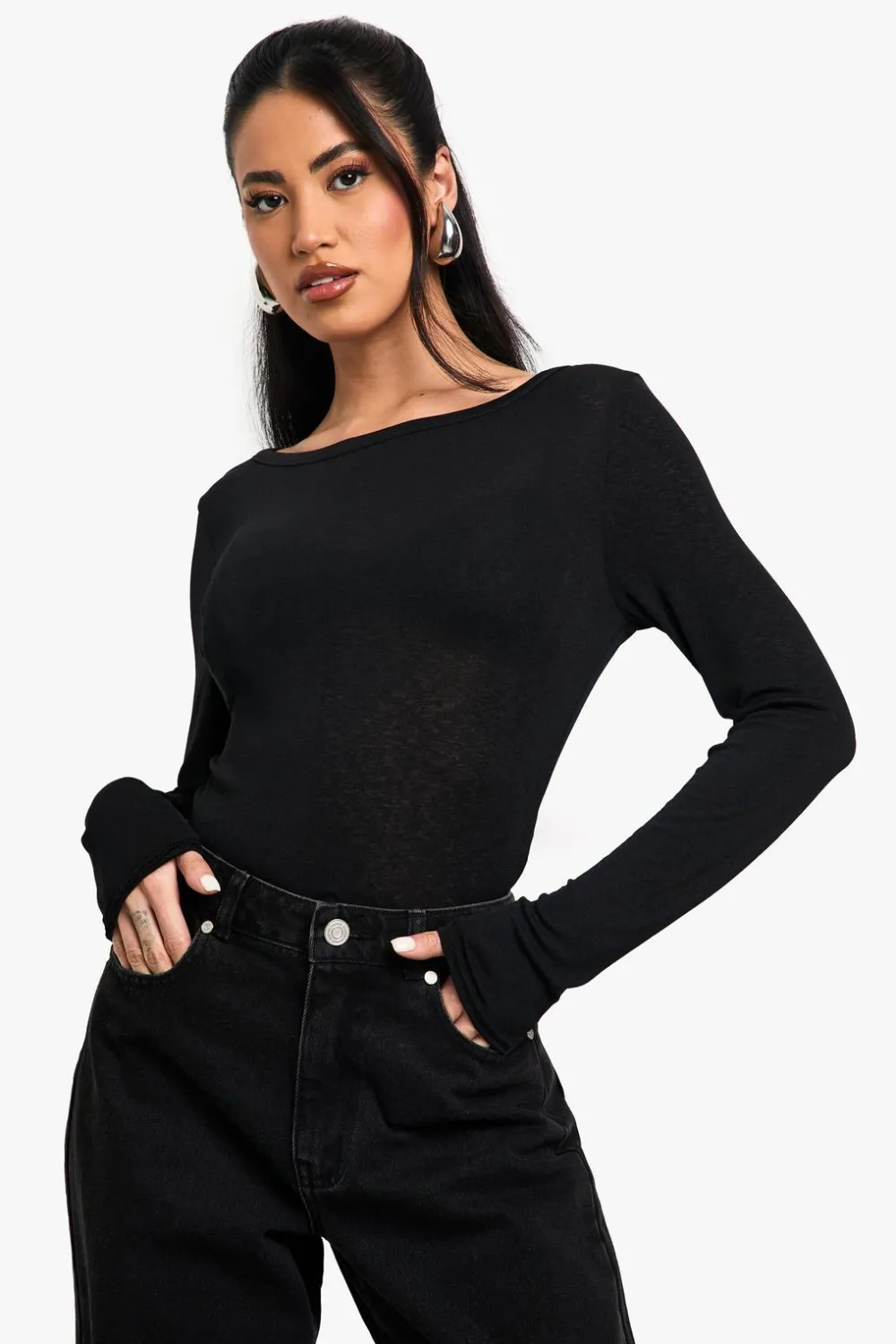 Tops^Nasty Gal Textured Mesh Boat Neck Long Sleeve Top |