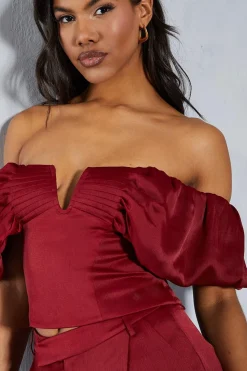 Tops^Nasty Gal Textured Satin Pleated Bust Frill Bardot Top |