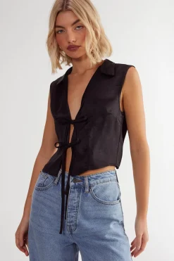 Waistcoats|Tops^Nasty Gal Textured Satin Tie Front Collared Top |