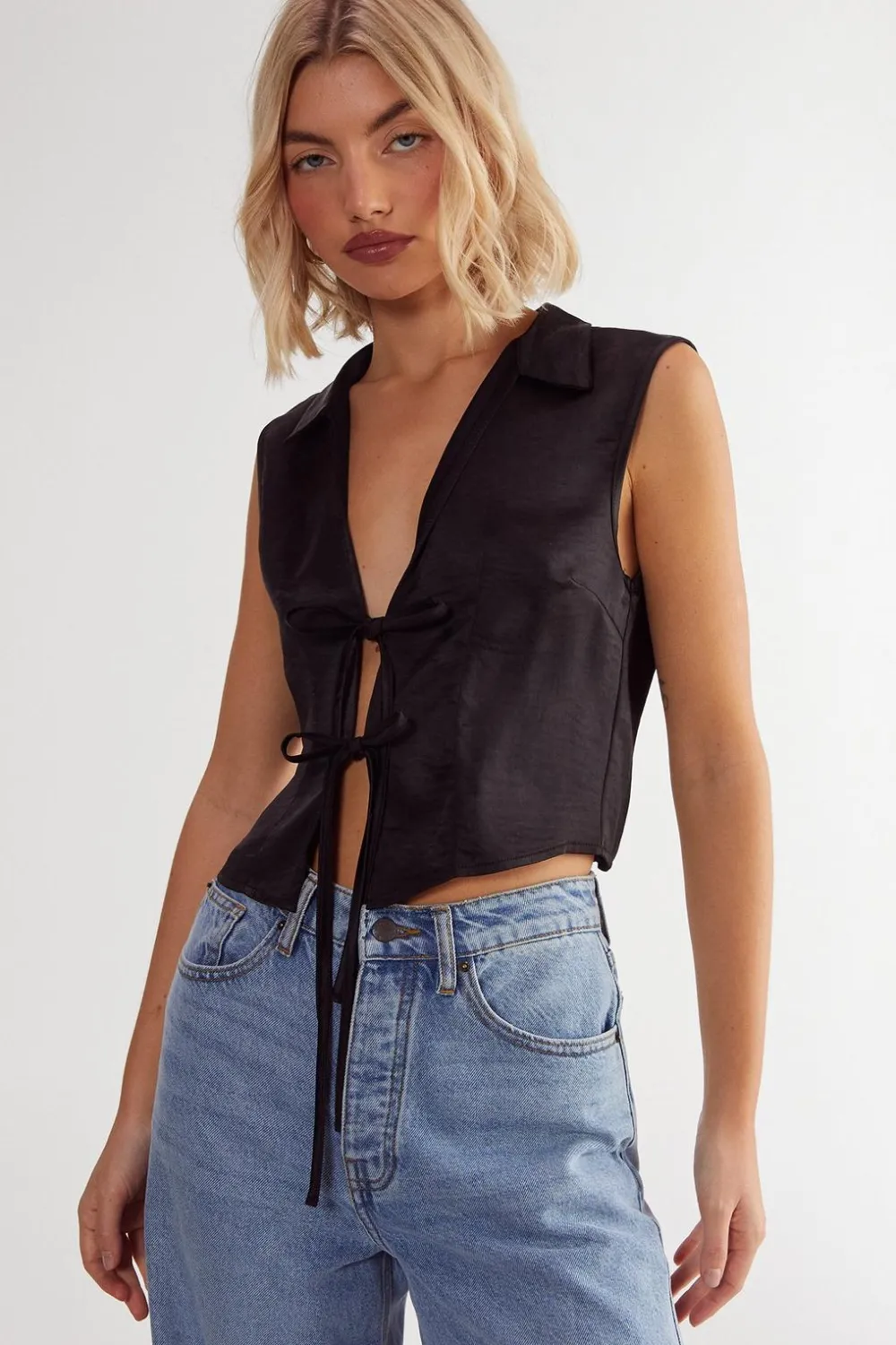 Waistcoats|Tops^Nasty Gal Textured Satin Tie Front Collared Top |