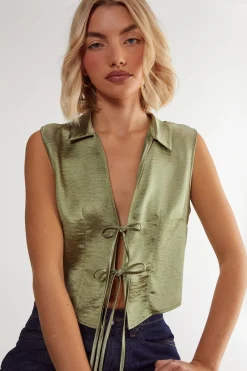 Waistcoats|Tops^Nasty Gal Textured Satin Tie Front Collared Top |