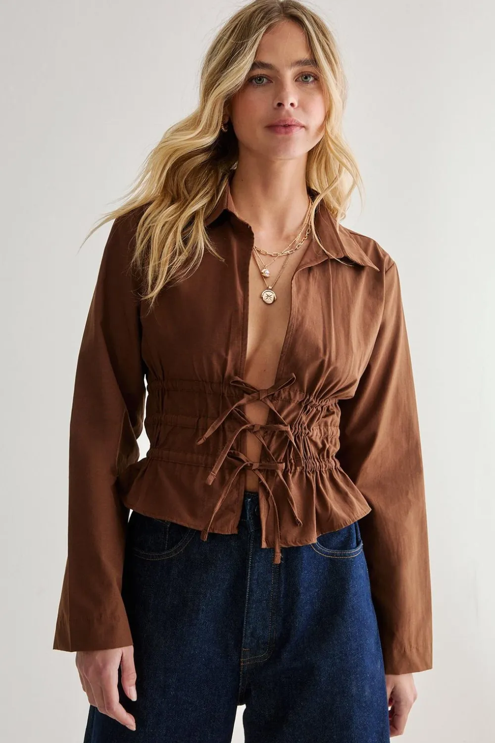 Shirts|Shirts^Nasty Gal Tie Front Long Sleeve Shirt |