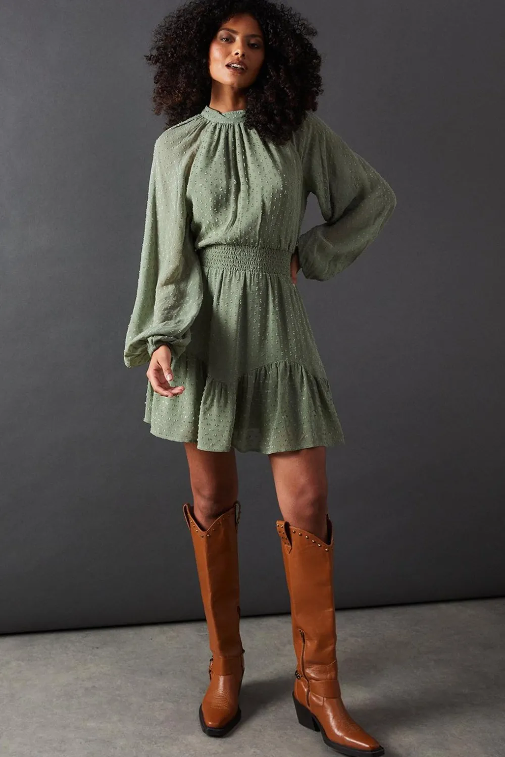 Dresses^Nasty Gal Tufted Dobby Chiffon Shirred Waist Flippy Hem Mini Dress |