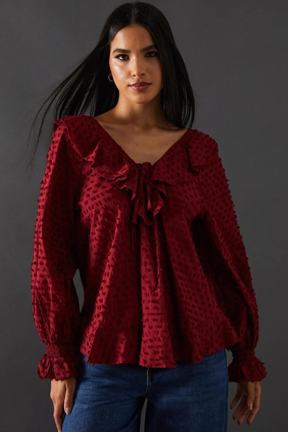 Tops^Nasty Gal Tufted Dobby Ruffle Neck Tie Front Blouse |