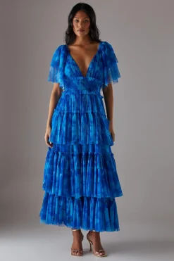 Dresses^Nasty Gal Tulle Floral Plunge Neck Flutter Sleeve Tier Maxi Dress |