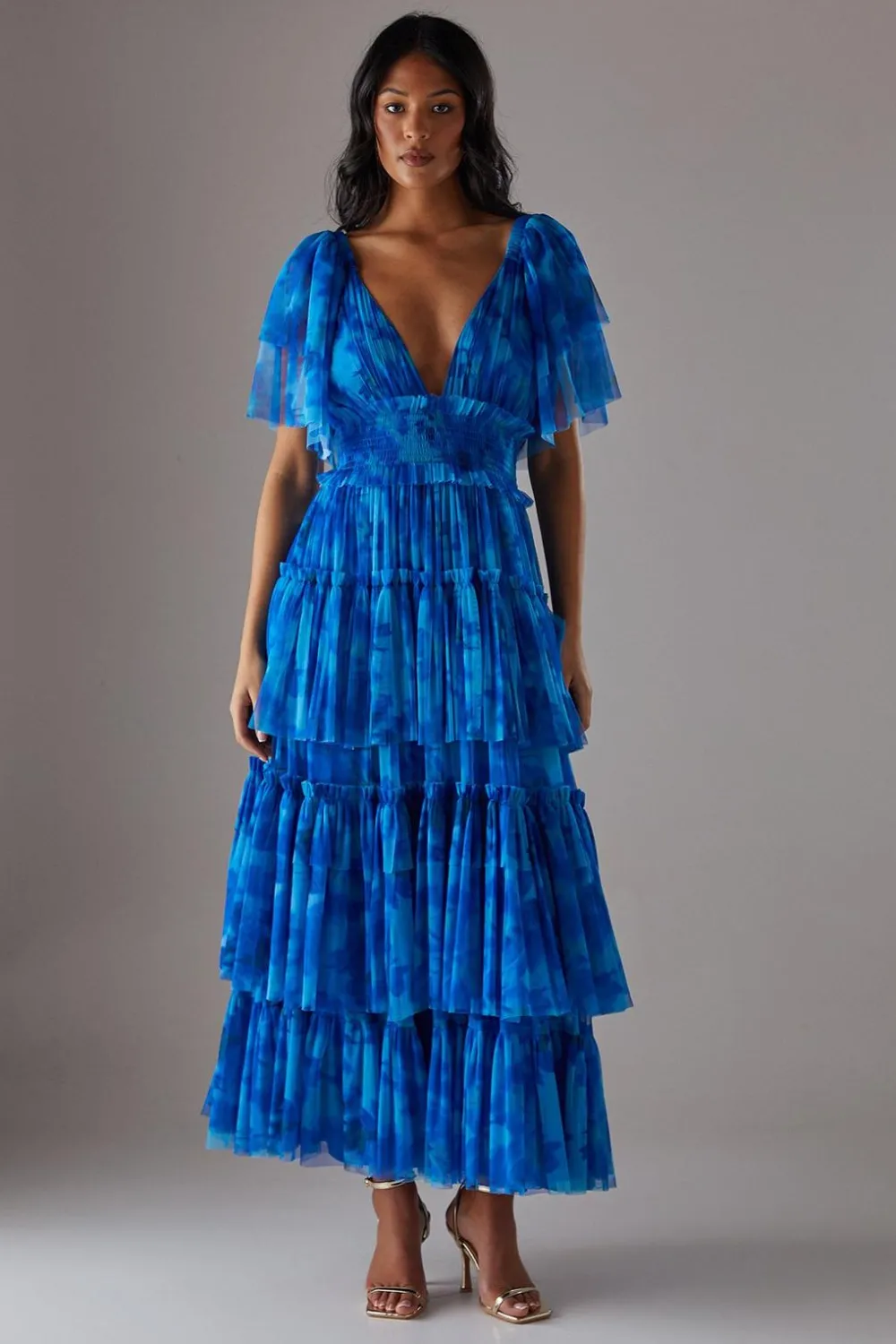 Dresses^Nasty Gal Tulle Floral Plunge Neck Flutter Sleeve Tier Maxi Dress |