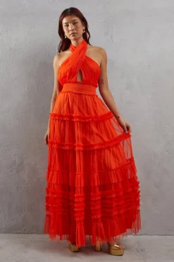 Dresses^Nasty Gal Tulle Halter Shirred Waist Tier Maxi Dress |