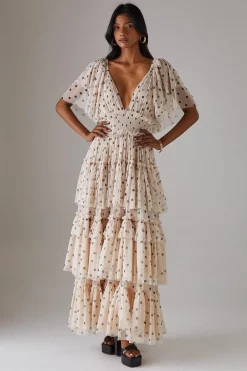 Dresses^Nasty Gal Tulle Spot Plunge Neck Flutter Sleeve Tier Maxi Dress |
