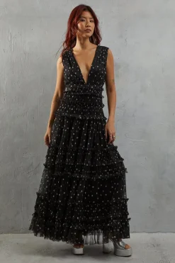 Dresses^Nasty Gal Tulle Spot Sleeveless Plunge Neck Gathered Waist Tier Maxi Dress |