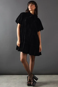 Dresses^Nasty Gal Velvet Crinkle Tie Neck Puff Sleeve Tier Hem Mini Dress |