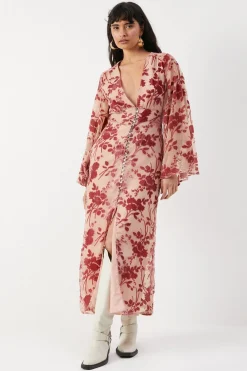 Dresses^Nasty Gal Velvet Plunge Neck Flared Sleeve Button Through Midi Dress |