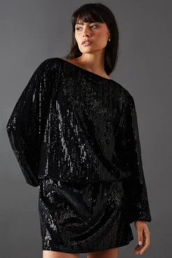 Sequin Outfits|Dresses^Nasty Gal Velvet Sequin Blouson Long Sleeve Mini Dress |