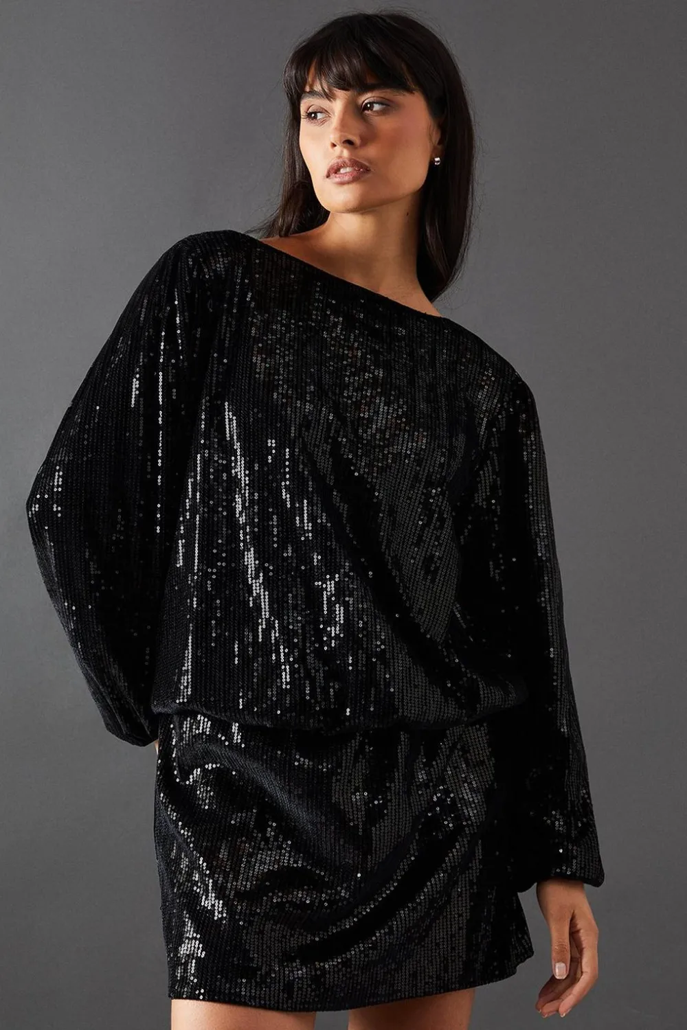 Sequin Outfits|Dresses^Nasty Gal Velvet Sequin Blouson Long Sleeve Mini Dress |