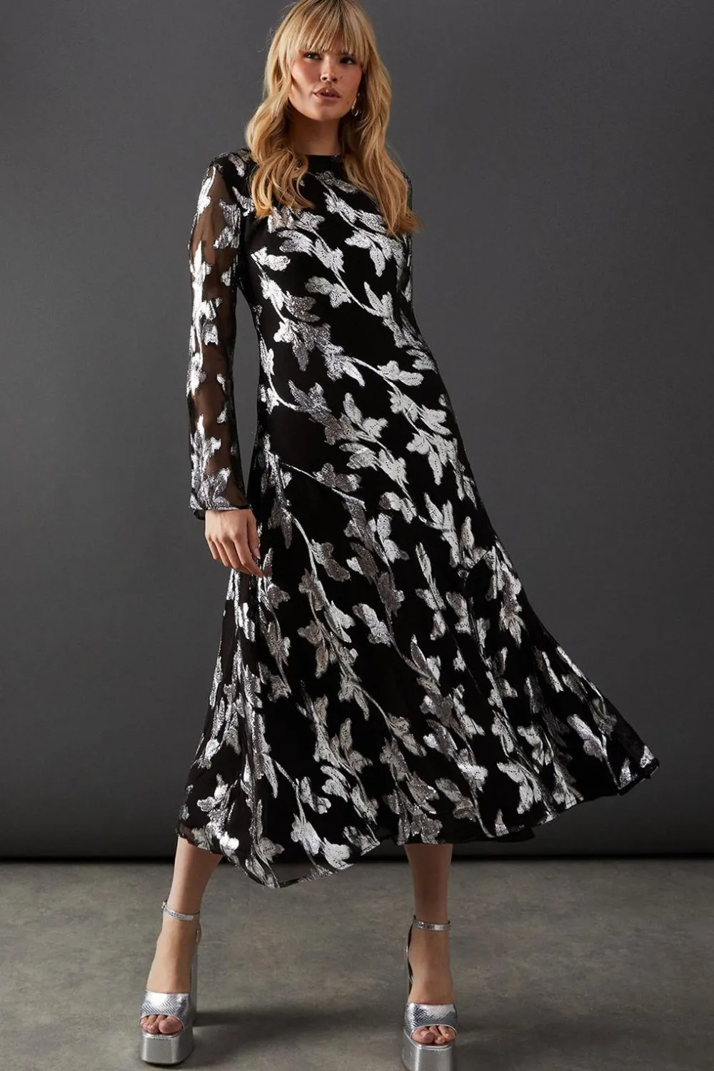 Dresses^Nasty Gal Viscose Metallic Jacquard Asymmetric Seam Midi Dress |