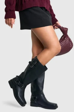 Leather^Nasty Gal Wide Fit Textured Leather Look Biker Buckle Detail Boots |