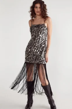 Sequin Outfits|Animal Print^Nasty Gal Zebra Hand Embellished Disc Sequin Tassel Mini Dress |