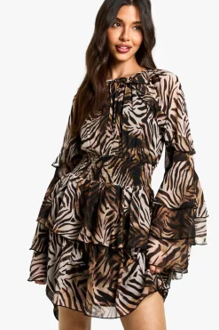 Animal Print^Nasty Gal Zebra Printed Chiffon Long Sleeve Ruffle Mini Dress |